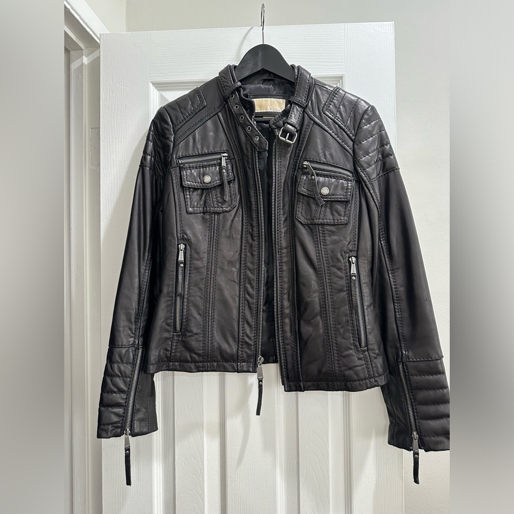 Michael Kors black leather biker jacket size small